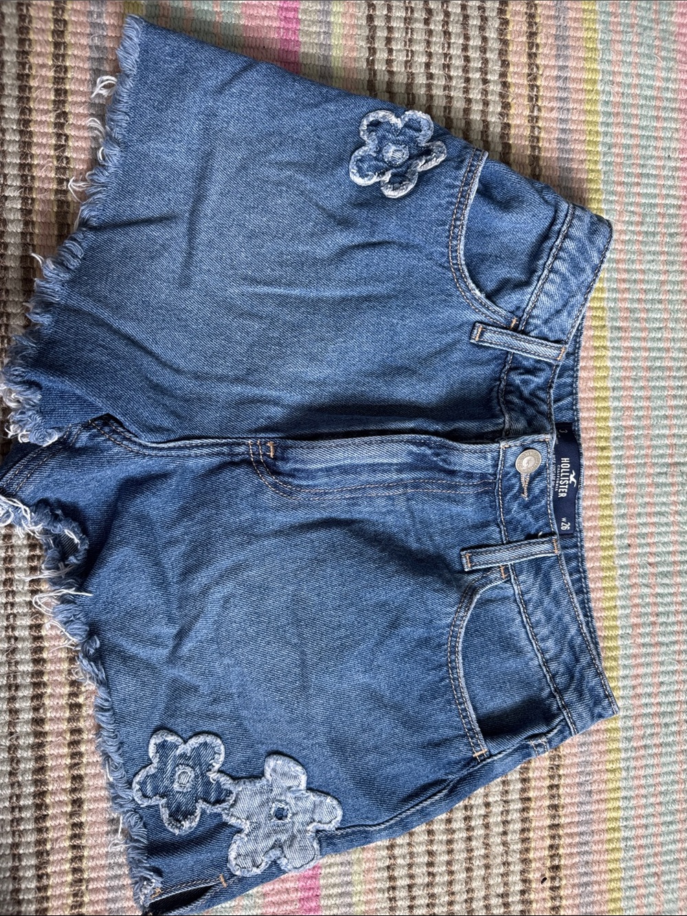 Hollister Denim Floral-Appliqué High-Waist Shorts in Blue
